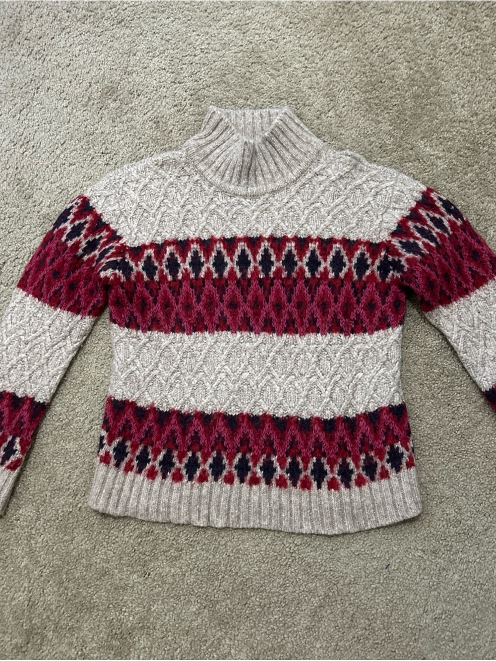 Faherty Alpaca Wool Fair Isle Mock Neck Sweater Womens Large Tan Red Excellent - Picture 3 of 11